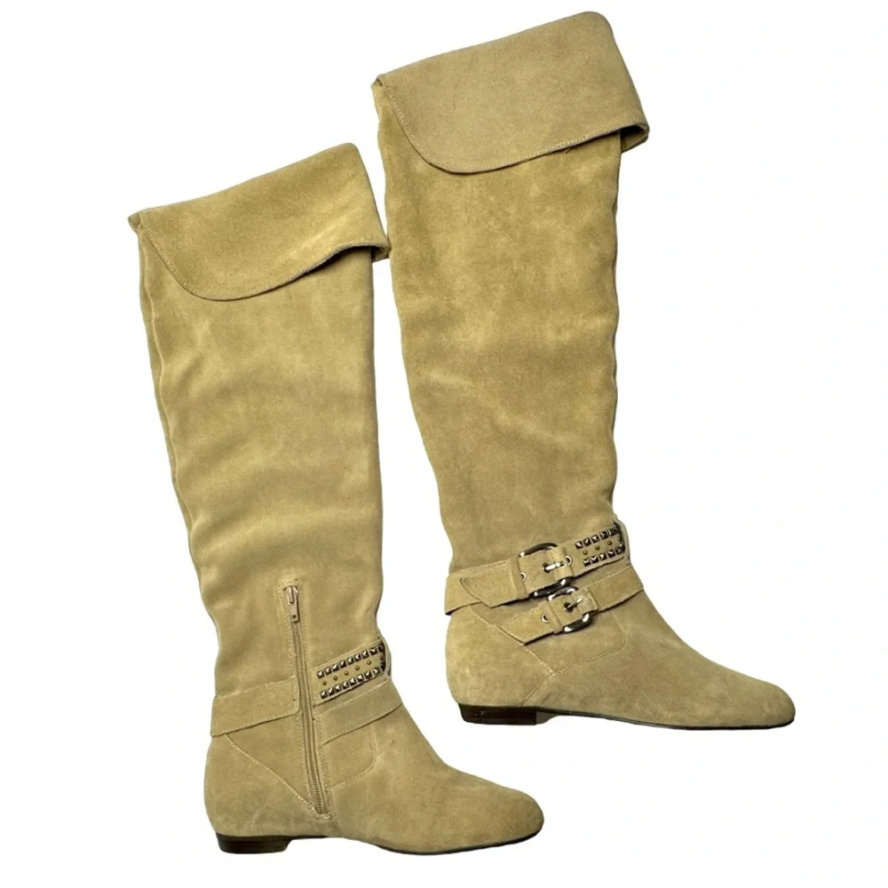 BCBG Generation | Over the Knee Suede Boot Christina New Taupe Spike Stud Accent